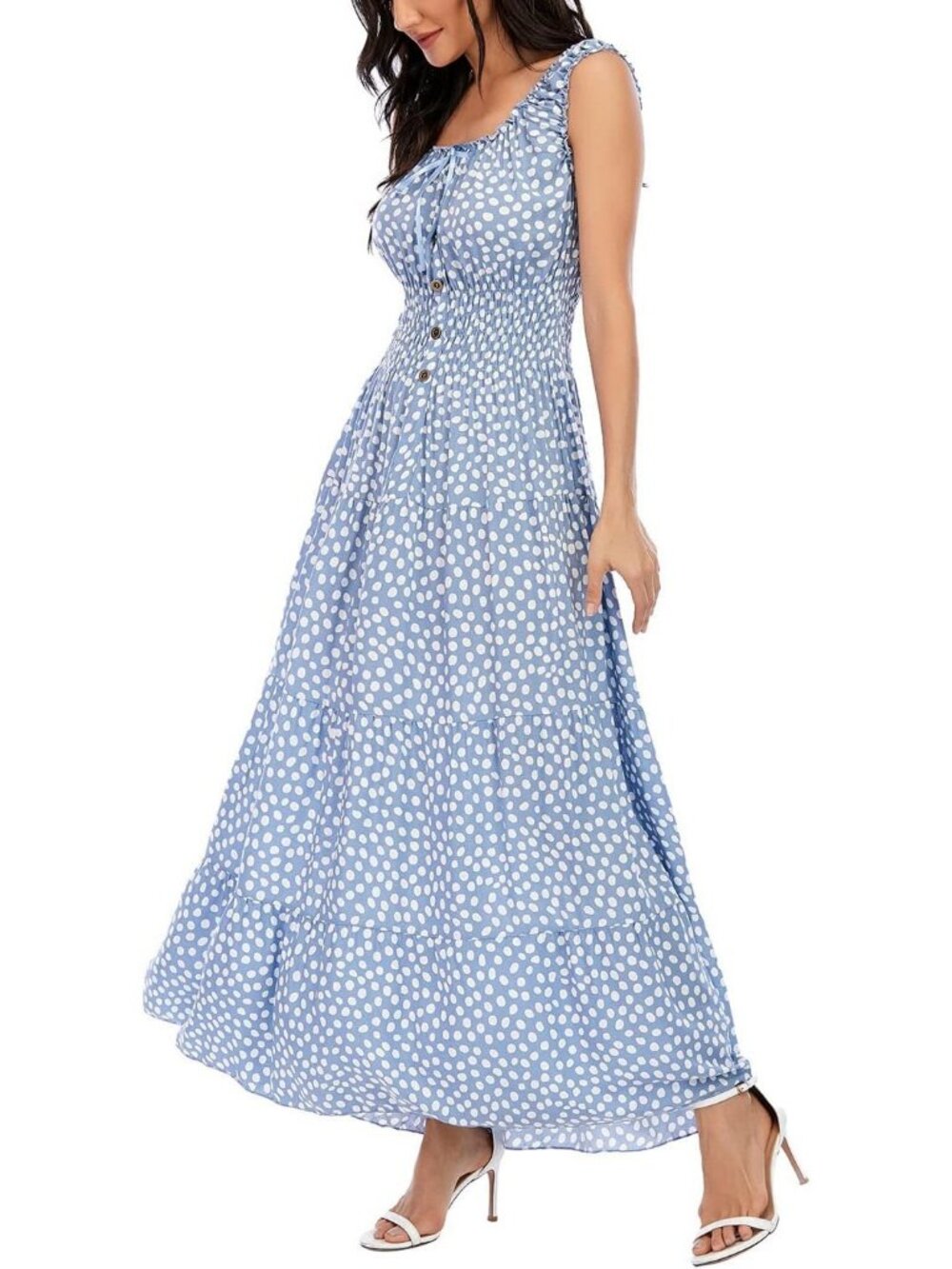 Women's Blue Boho Floral Maxi Summer Flowy Tiered Casual Long Dress